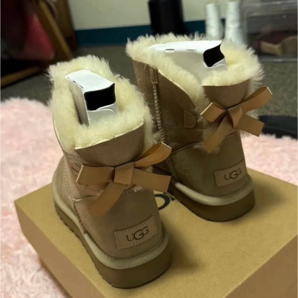 UGG Cream and Tan Baby Boots with Bow